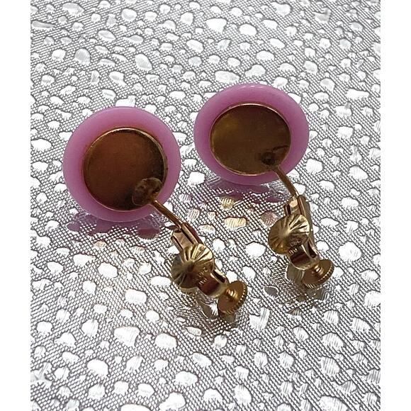 CORO Clips Earrings Pink Lucite Vintage Plastic Dome Gold Tone - Picture 3 of 7